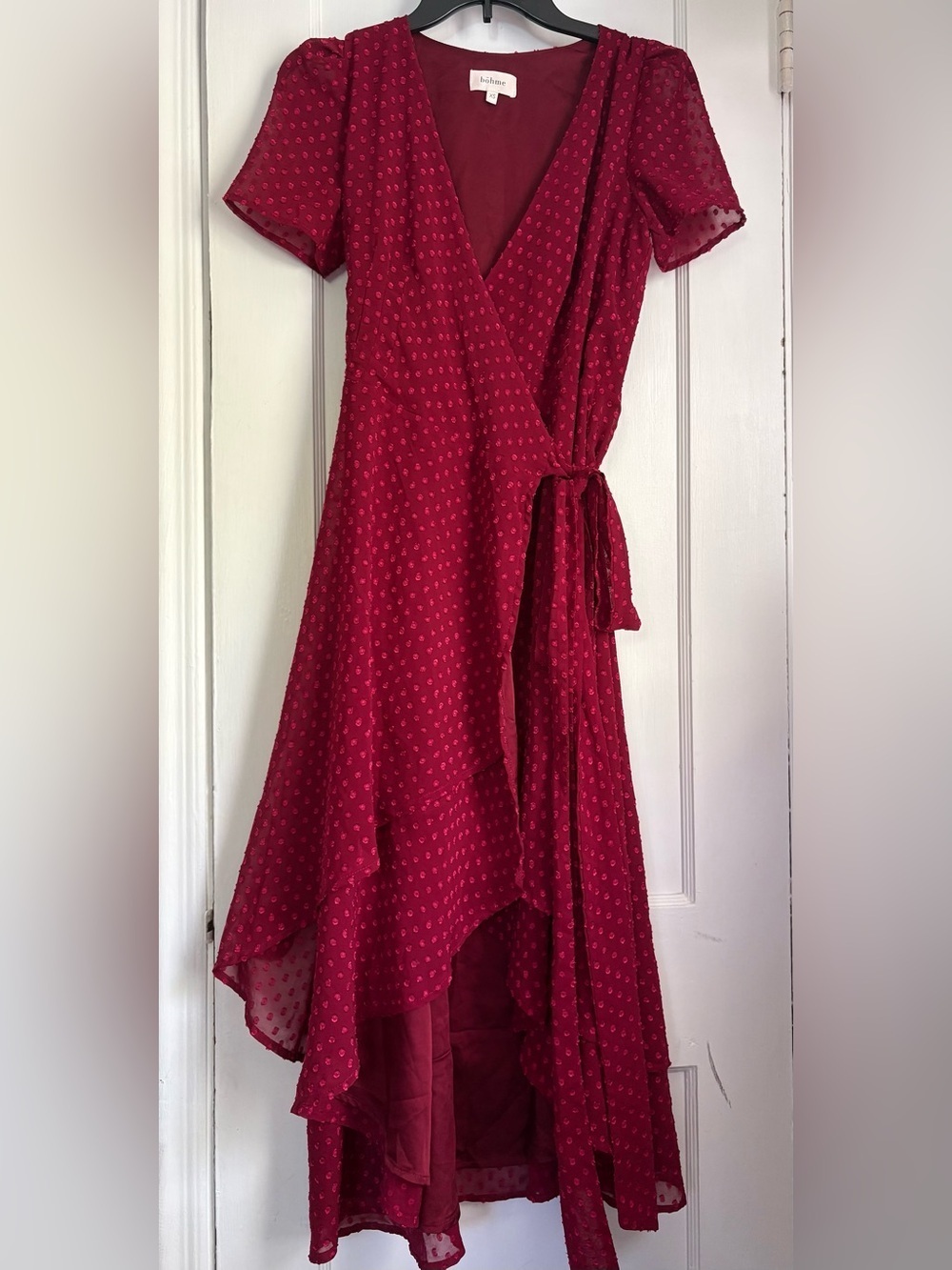 Boheme Boho Swiss Dot High-Low Wrap Midi Dress – Berry Red, Sz: X Small